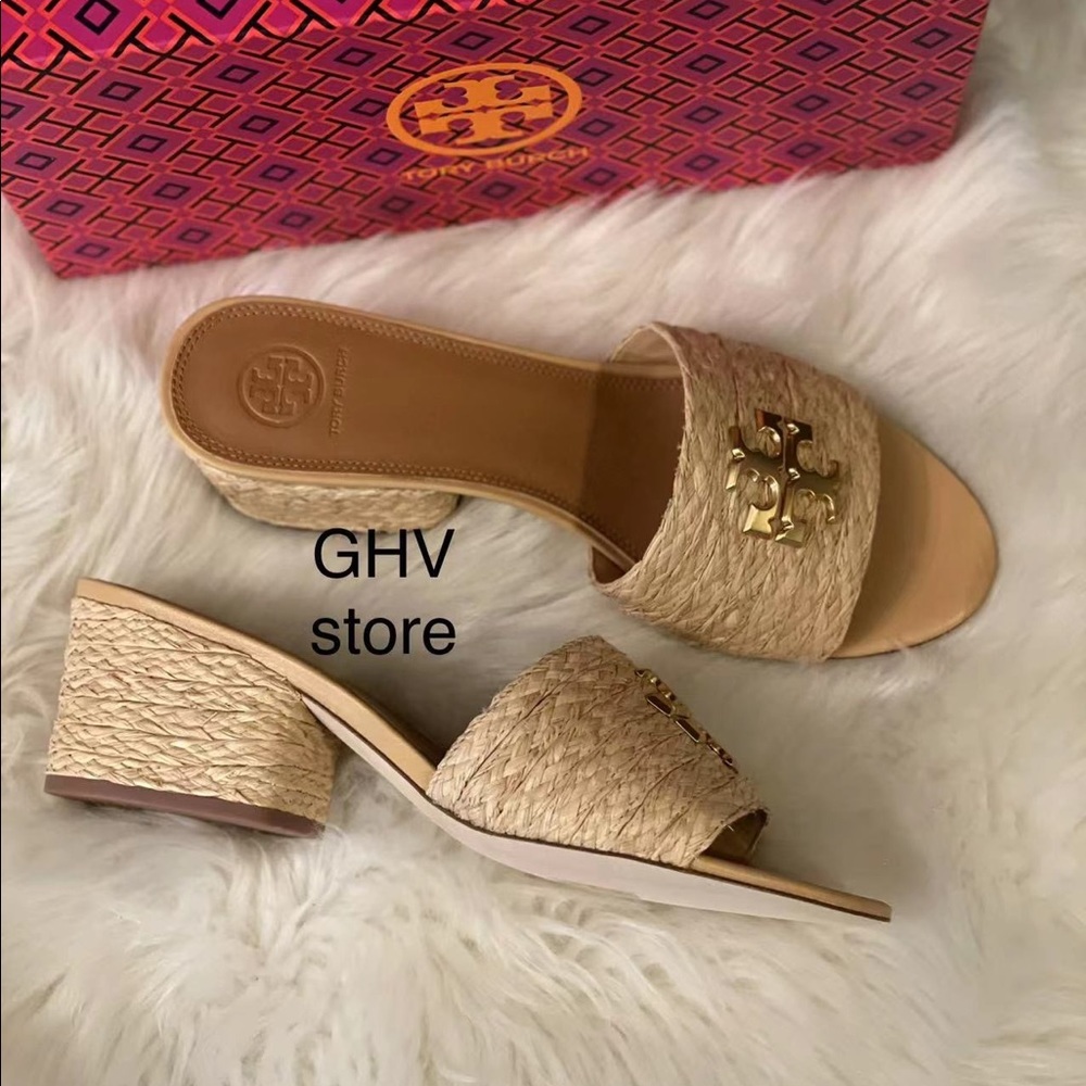 TORY BURCH EVERLY RAFFIA BLOCK SANDAL SLIDE